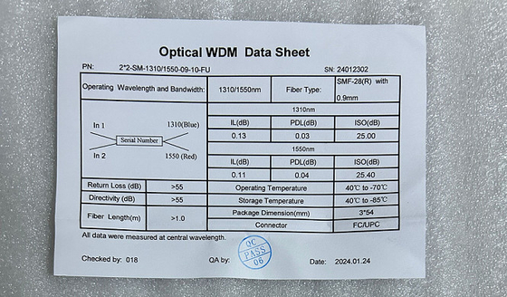 2×2 WDM óptico 1310/1550nm SMF28e Tubo de aço de conector FC/UPC de modelo único